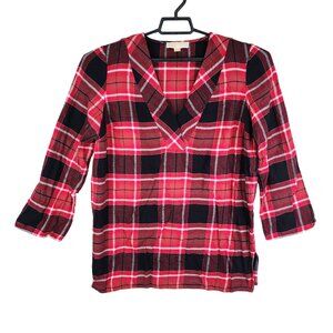 Womens Michael Kors Red & Black Plaid Blouse V-Neck Long Sleeve Size L